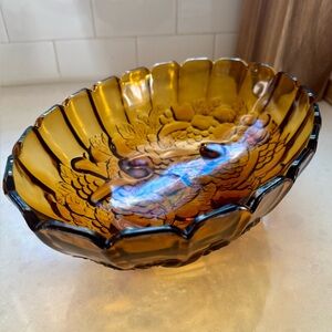 1970s Vintage Indiana Glass Co Amber 4 Footed Oval Bowl “Harvest Grape” Pattern